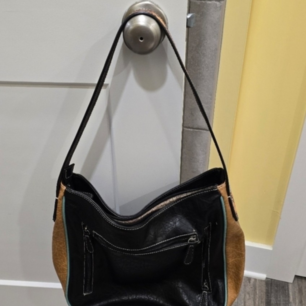 Woman's Black/Brown Leather- Like Purse With Flowers On Handles, Size 21x12x5 - Picture 2 of 12